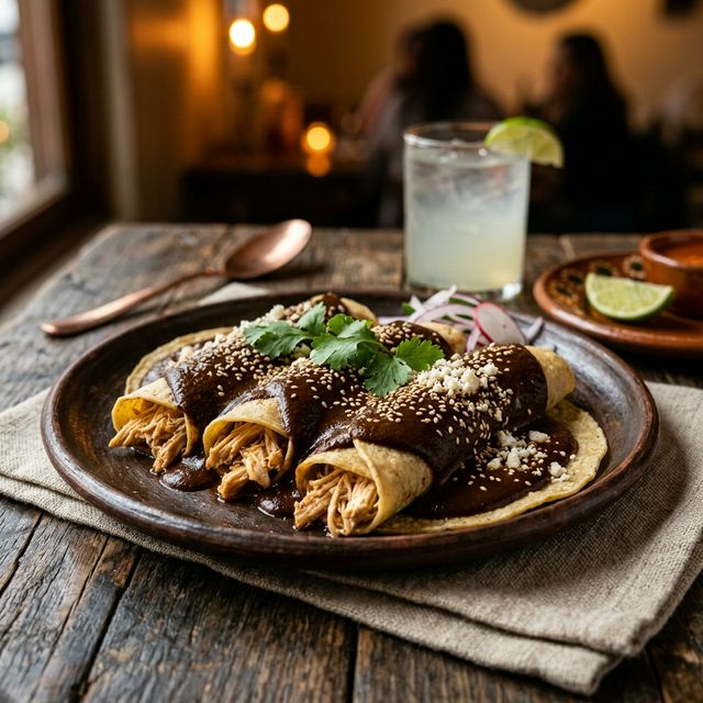 Emilia's signature enchiladas de mole — handmade tortillas with 24-ingredient heritage mole poblano