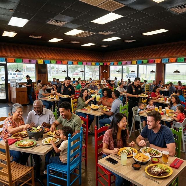 Inside Emilia's Restaurant — warm lighting, Talavera tiles, papel picado banners, and families enjoying authentic Mexican food